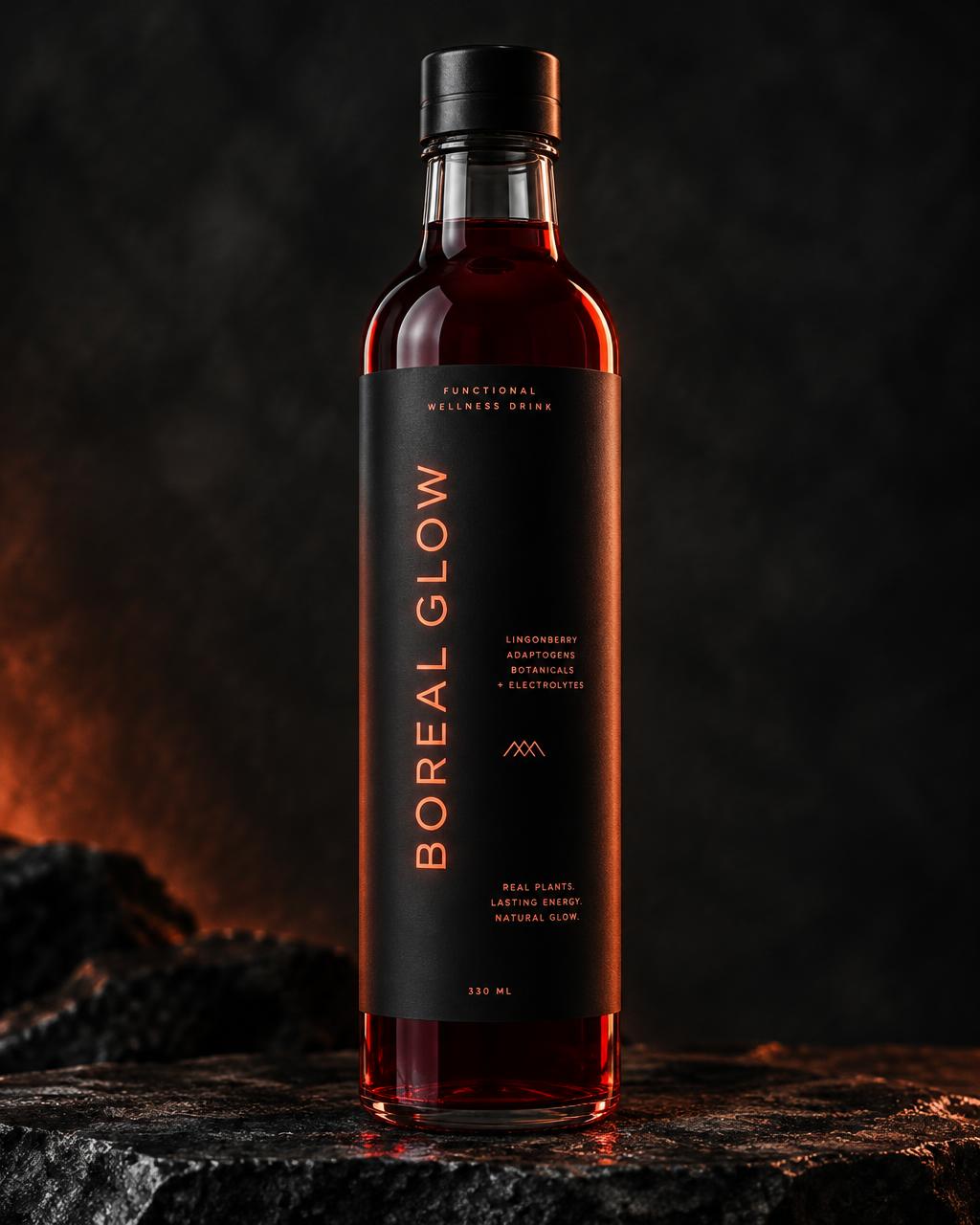 Boreal Glow matte-black packaging concept with its botanicals