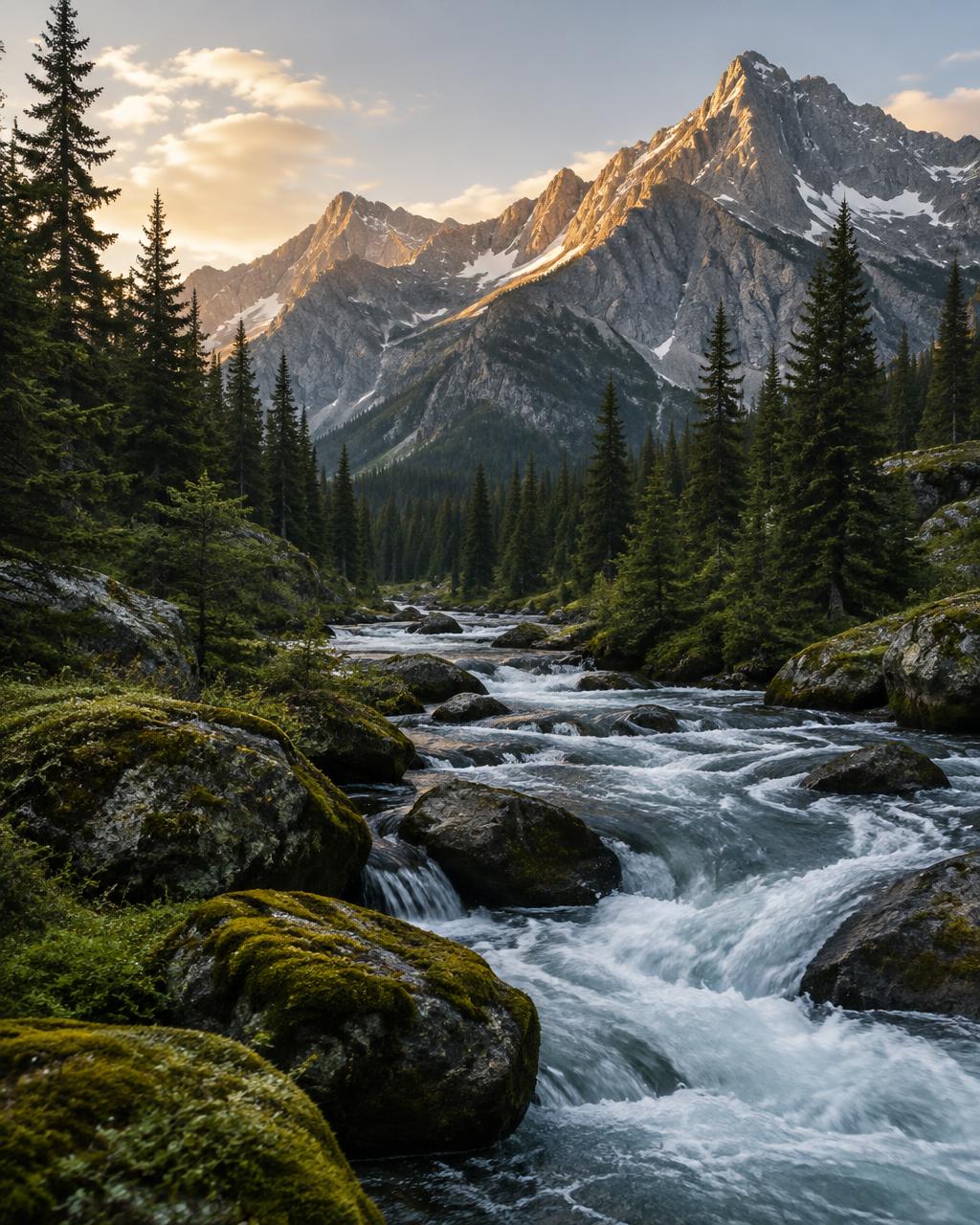 Alpine river running through a wild northern forest